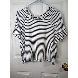 Max Studio Woman L Black White Striped Raglan Sleeve Top Casual Knit Blouse